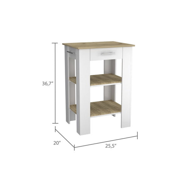 English Elm Brooklyn Two-tone Kitchen Island with Oak Top Open Shelves Drawer and Towel Rack B128P148882