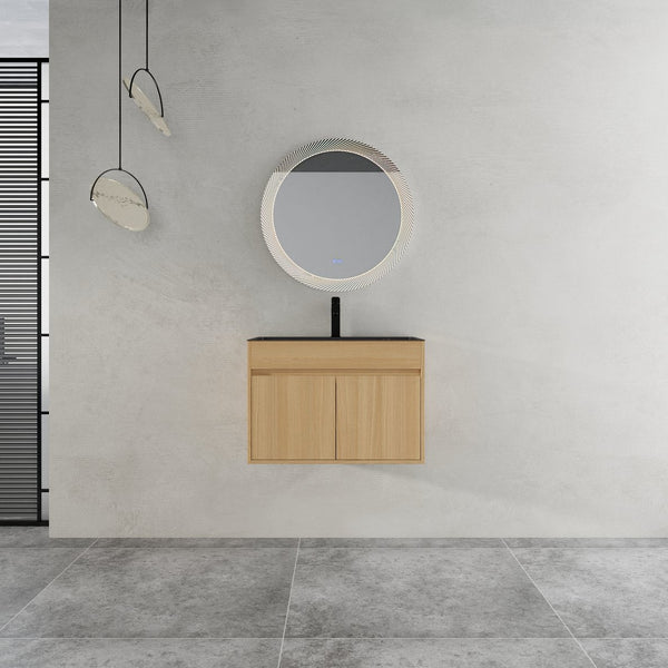 English Elm 28" Wall Mounted Bathroom Vanity with Gun-Gray Stainless Sink, Soft-Close Doors, Plywood, Oak Finish, KD W999P376889