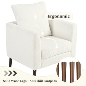 English Elm Modern Teddy Fabric Accent Chair - Plush Chenille Upholstered Armchair with Pillow, Wood Legs, Ergonomic Comfort for Living Room, Bedroom (White) W1028P236496