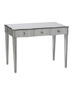 Currey & Company Gilda Hollywood Regency Vanity Table with Mottled Mirror Panels and Wrought Iron Base 4004