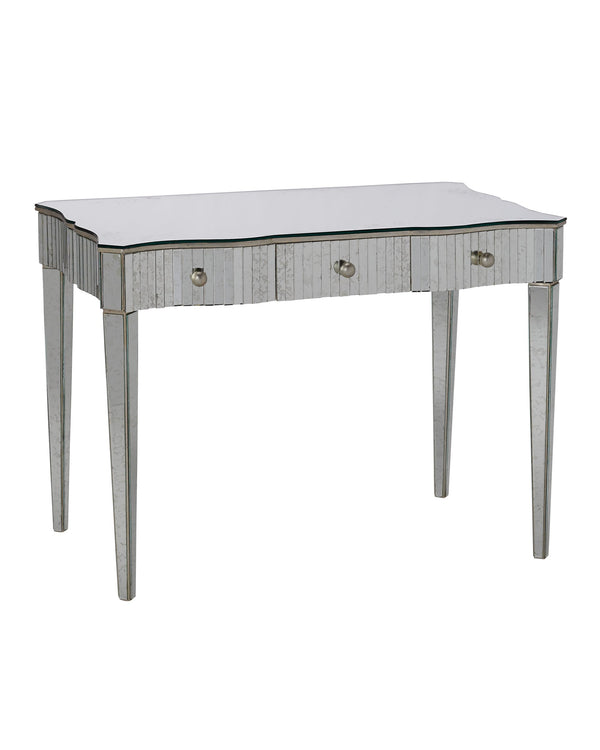 Currey & Company Gilda Hollywood Regency Vanity Table with Mottled Mirror Panels and Wrought Iron Base 4004