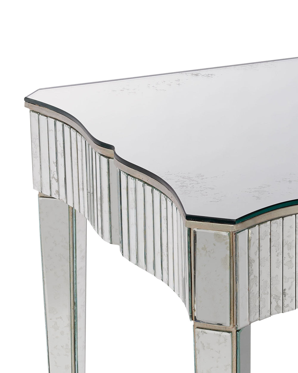 Currey & Company Gilda Hollywood Regency Vanity Table with Mottled Mirror Panels and Wrought Iron Base 4004