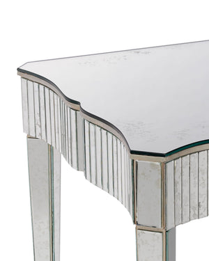Currey & Company Gilda Hollywood Regency Vanity Table with Mottled Mirror Panels and Wrought Iron Base 4004