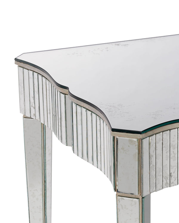 Currey & Company Gilda Hollywood Regency Vanity Table with Mottled Mirror Panels and Wrought Iron Base 4004