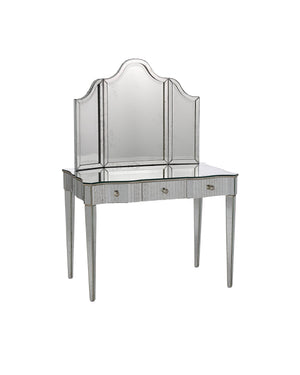 Currey & Company Gilda Hollywood Regency Vanity Table with Mottled Mirror Panels and Wrought Iron Base 4004