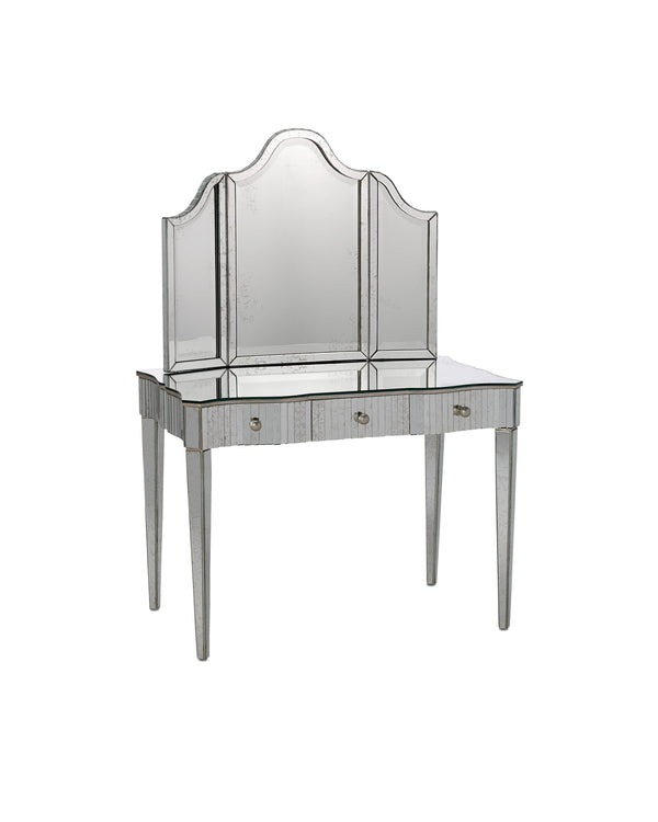 Currey & Company Gilda Hollywood Regency Vanity Table with Mottled Mirror Panels and Wrought Iron Base 4004