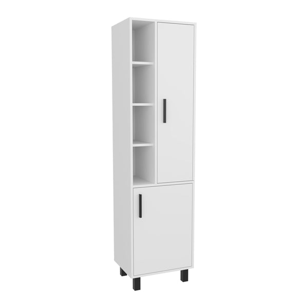 English Elm White Linen Cabinet with Chic Open Display, Dual Concealed Doors & Metal Legs for Modern Storage B062P323178