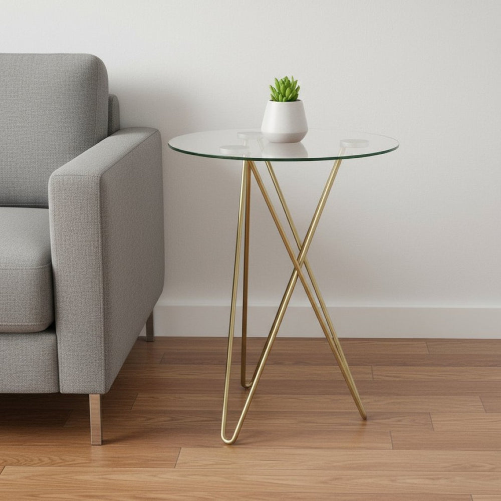 HomeRoots Geometric Clear Glass and Gold Round Table - Modern Accent Piece for Living Room or Bedroom Elegance 400529