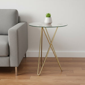 HomeRoots Geometric Clear Glass and Gold Round Table - Modern Accent Piece for Living Room or Bedroom Elegance 400529