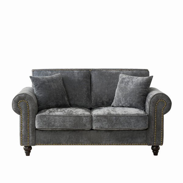 English Elm 63" Modern 2-Seater Sofa with Chenille Velvet, Rolled Arms, Nailhead Trim, Solid Wood Frame Durable Gray W3373S00019