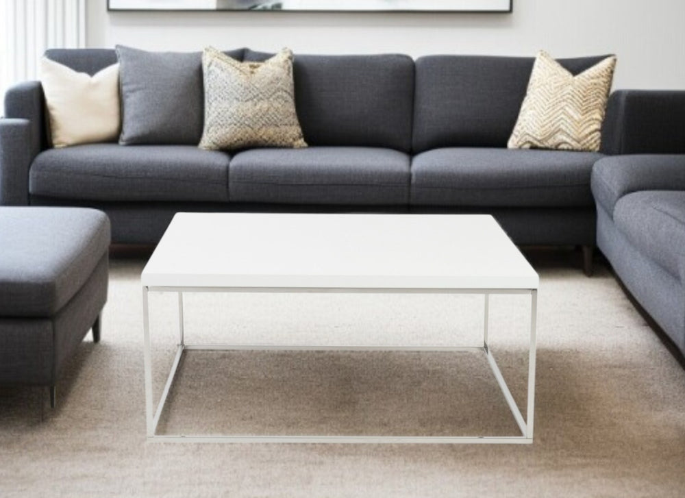 HomeRoots 35" Contemporary White and Silver Square Coffee Table - Modern Design, Durable Finish, Versatile Use 400548