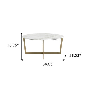 Homeroots 36" White And Gold Faux Marble Round Coffee Table   400559