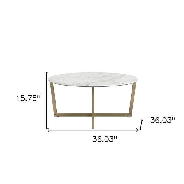 Homeroots 36" White And Gold Faux Marble Round Coffee Table   400559