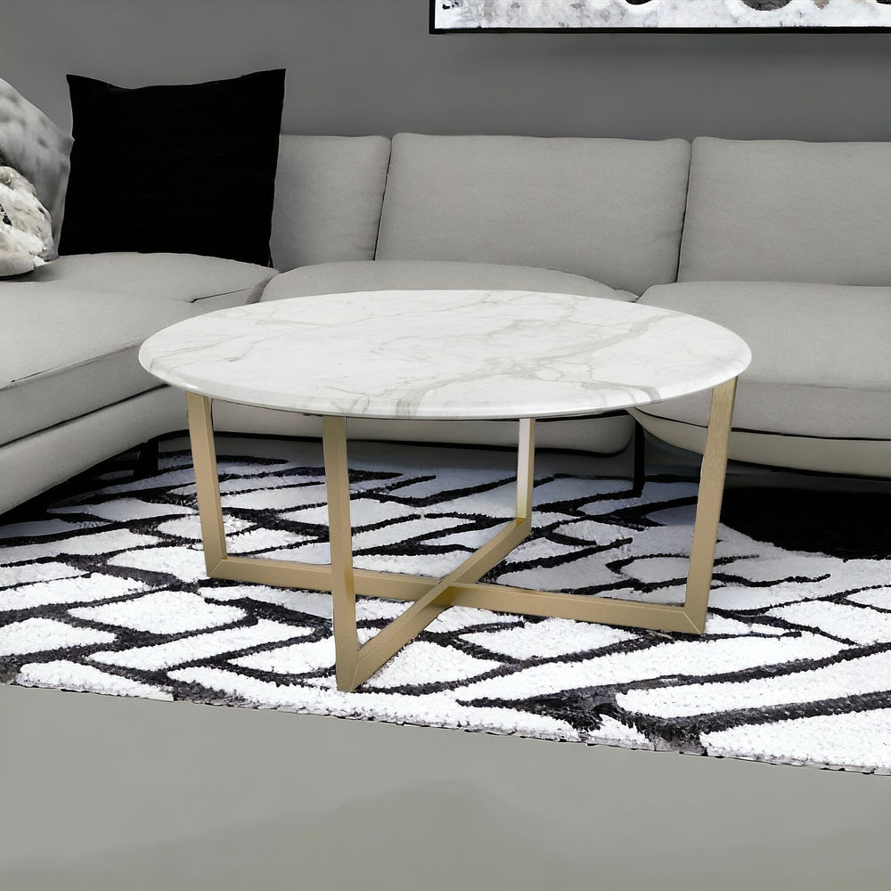 Homeroots 36" White And Gold Faux Marble Round Coffee Table   400559