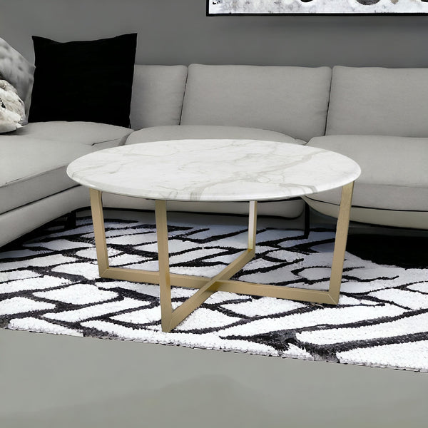 Homeroots 36" White And Gold Faux Marble Round Coffee Table   400559