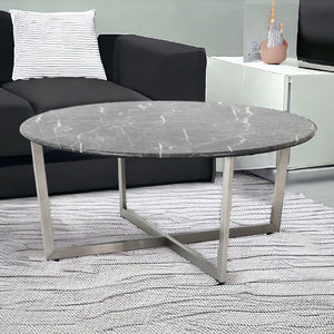 Homeroots 36" Black And Silver Faux Marble Round Coffee Table   400560