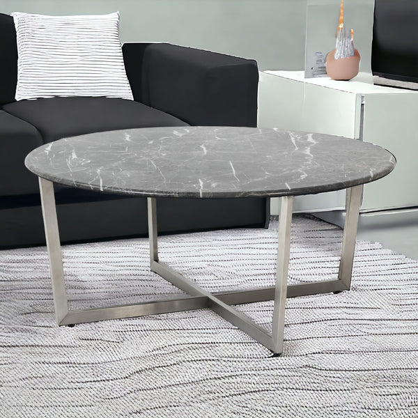 Homeroots 36" Black And Silver Faux Marble Round Coffee Table   400560