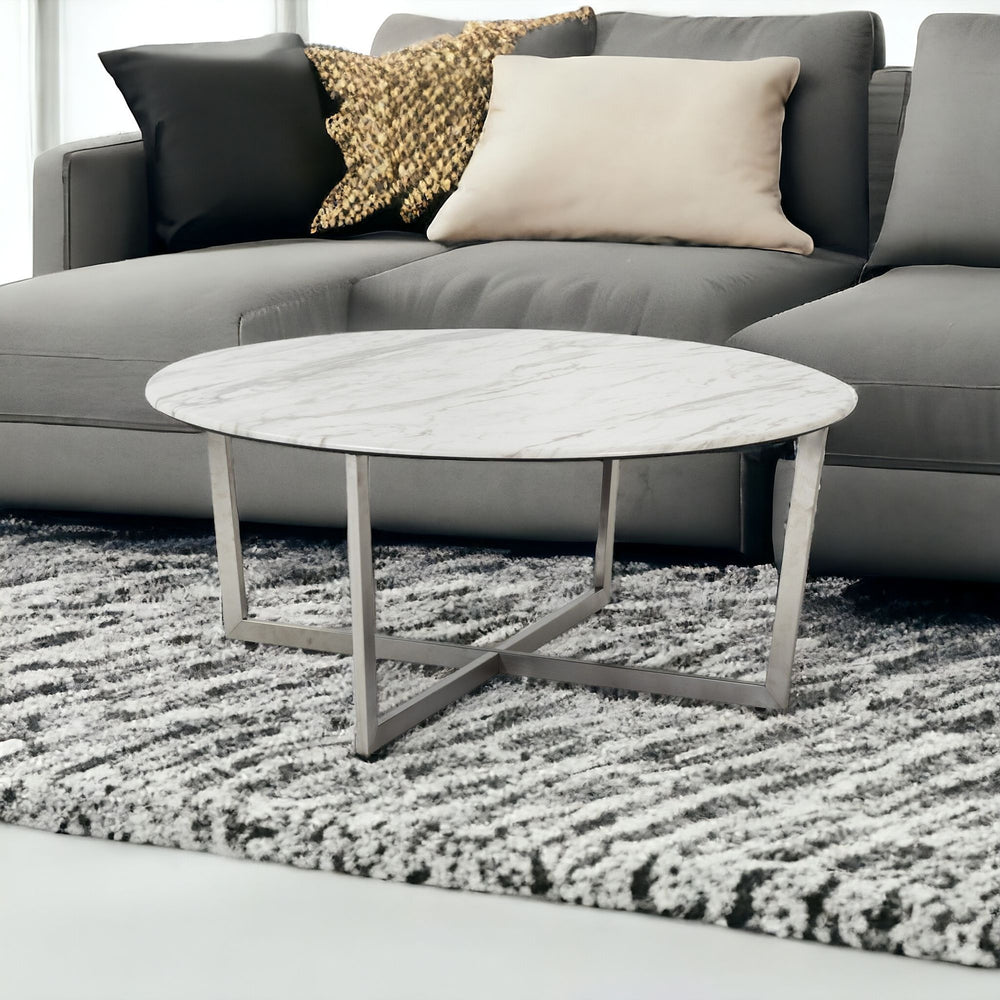 Homeroots 36" White And Silver Metal Round Coffee Table   400561