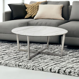 Homeroots 36" White And Silver Metal Round Coffee Table   400561