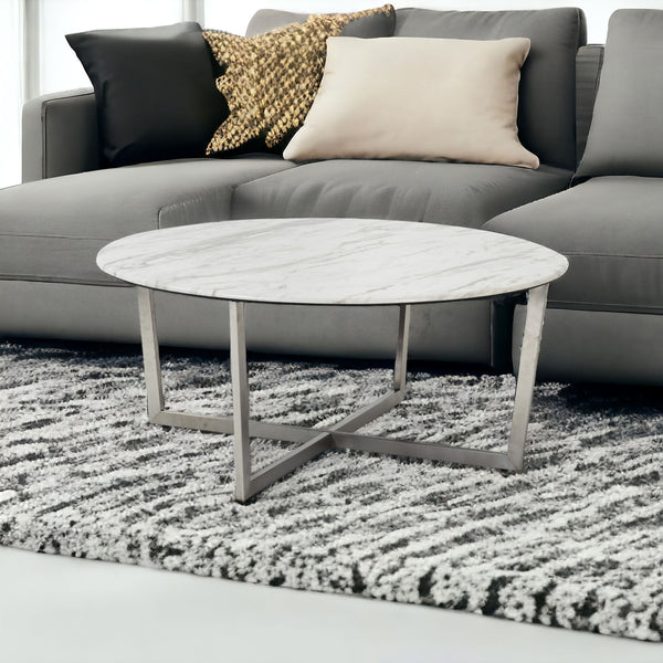 Homeroots 36" White And Silver Metal Round Coffee Table   400561