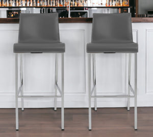 Homeroots Set Of Two 31" Gray And Silver Steel Low Back Bar Height Bar Chairs   400589