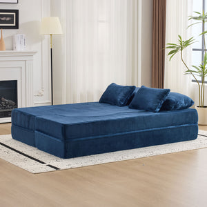 English Elm Queen Foldable Sofa Bed with Plush Chenille Cover, High-Density Foam Convertible Futon for Living Room Guest Room Bedroom Blue W1829P348211