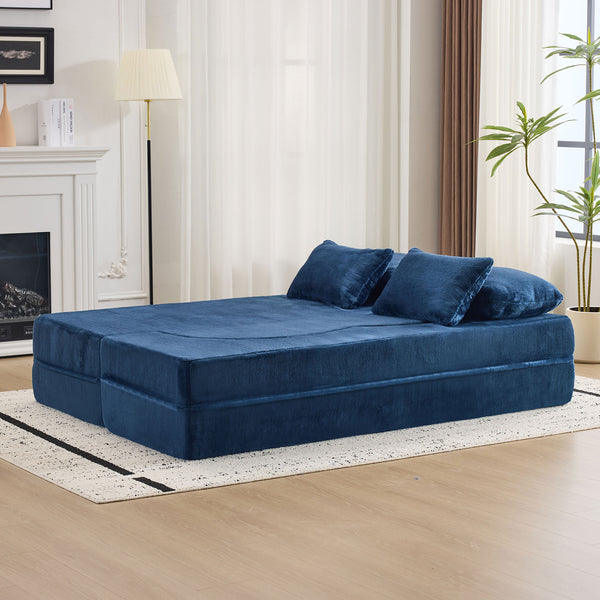 English Elm Queen Foldable Sofa Bed with Plush Chenille Cover, High-Density Foam Convertible Futon for Living Room Guest Room Bedroom Blue W1829P348211