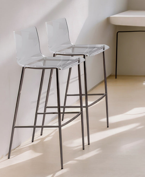 Homeroots Set Of Two 30" Clear And Silver Plastic Low Back Bar Height Bar Chairs   400628