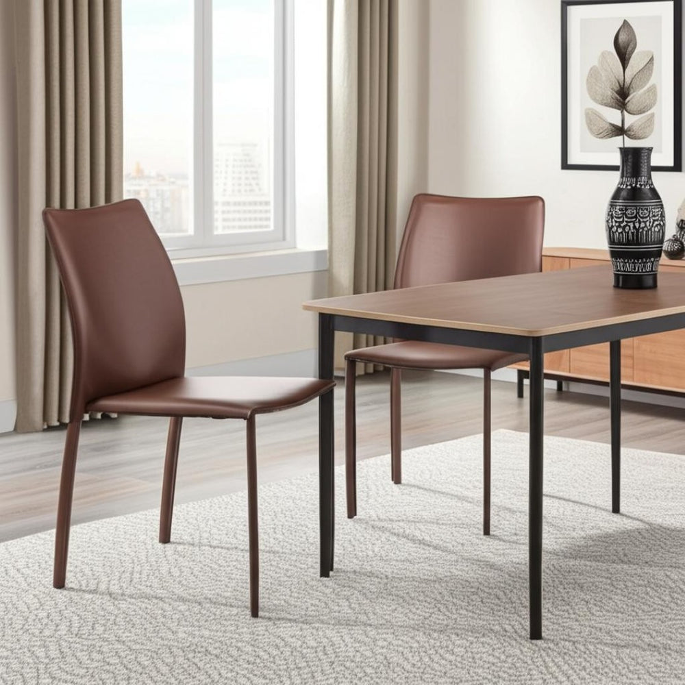 HomeRoots Set of Two Stylish Brown Upholstered Leather Dining Chairs – Modern, Stackable, and Versatile Seating! 400655