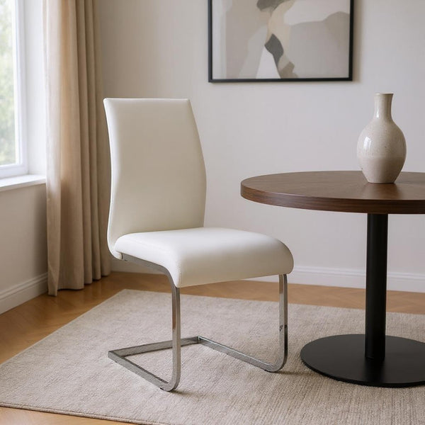 HomeRoots Set of Four Elegant White and Silver Upholstered Leather Dining Chairs for Modern Interiors 400668