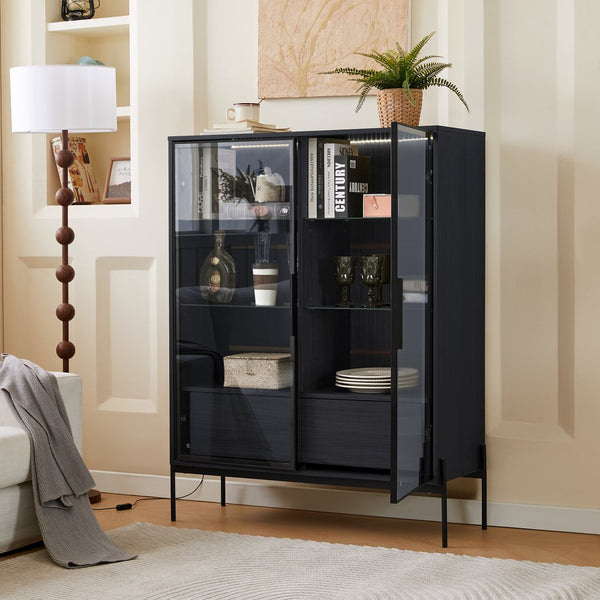 English Elm 51.2'' Freestanding Display Cabinet With Led Lighting & Adjustable Shelves - Modern Storage Solution For Home & Office N845P261794B