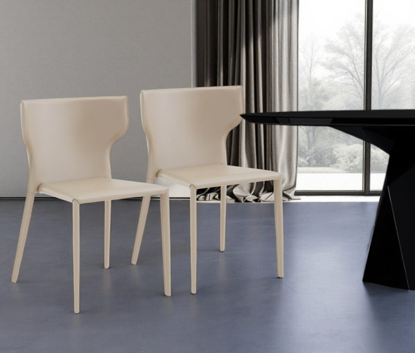 HomeRoots Set of Two Beige Upholstered Leather Dining Chairs with Curved Back for Modern Spaces & Comfort 400704