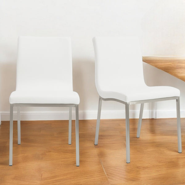 HomeRoots Set of Two Minimalist White Faux Leather Chairs - Sleek Design for Modern Dining & Office Spaces 400709