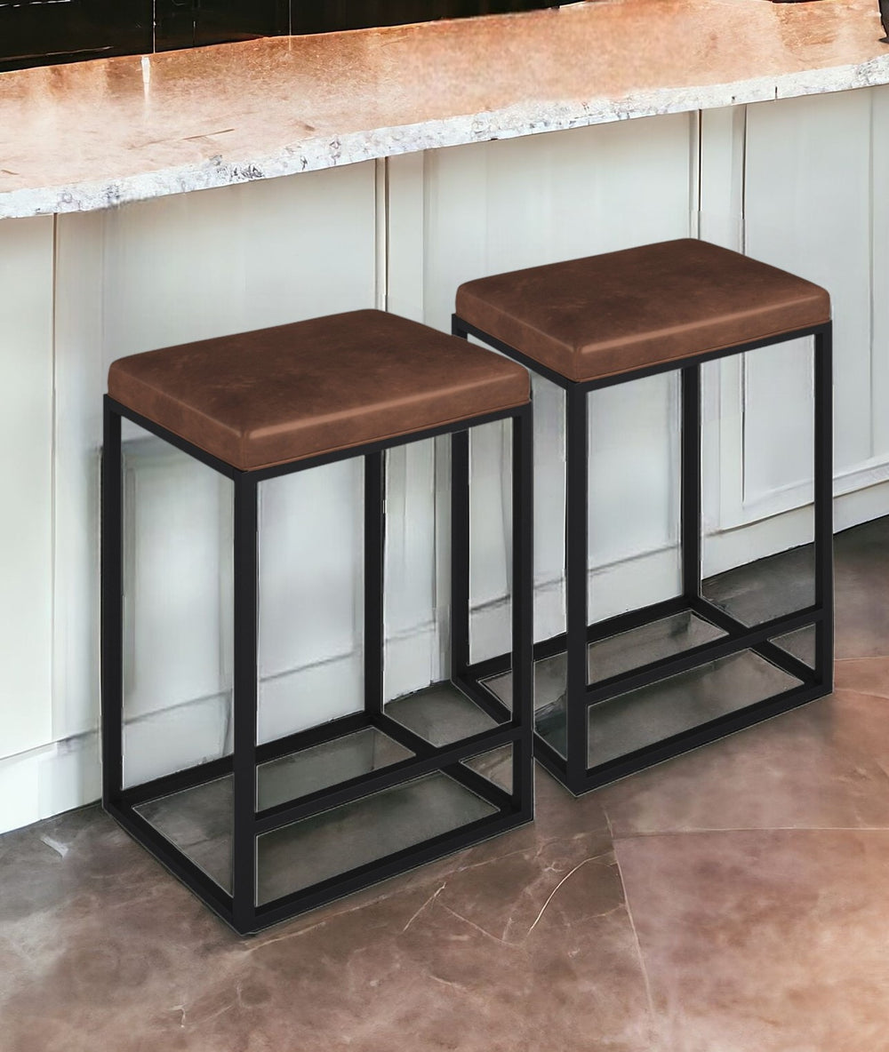 Homeroots Set Of Two " Brown And Black Faux Leather And Metal Backless Counter Height Bar Chairs   400720