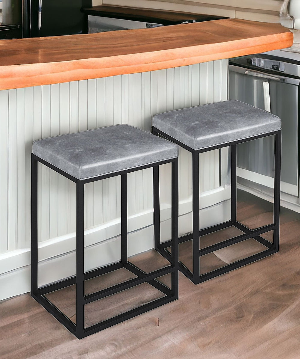 Homeroots Set Of Two " Gray And Black Faux Leather And Metal Backless Counter Height Bar Chairs   400721