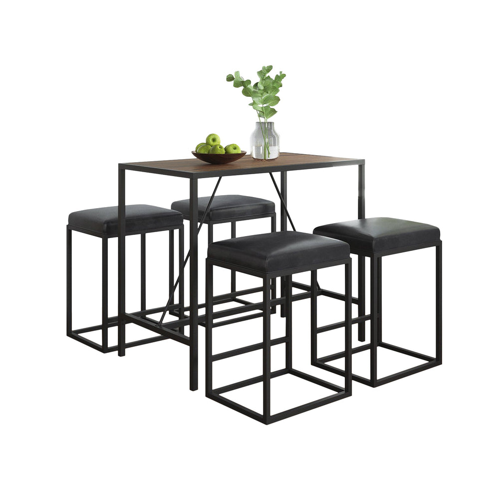 Homeroots Modern Geo Black And Walnut Five Piece Bar Set  Metal Powder,Coated ,Faux,Leather ,Mdf Wood 400723