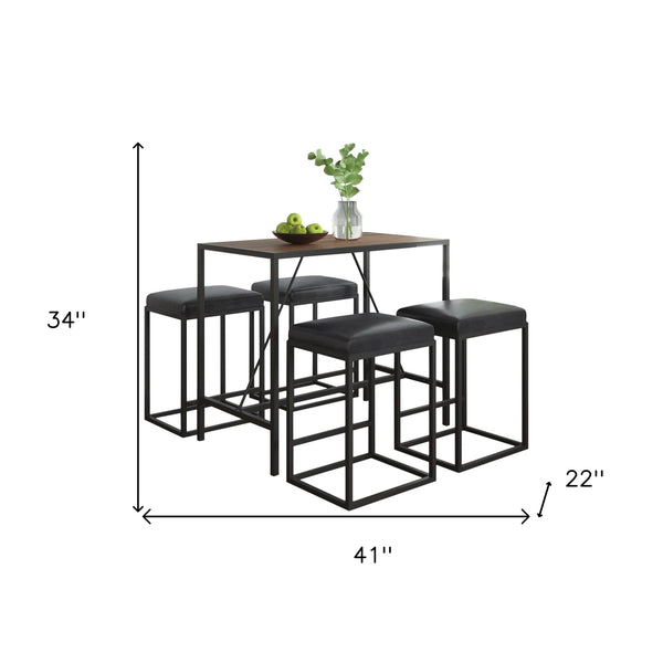 Homeroots Modern Geo Black And Walnut Five Piece Bar Set  Metal Powder,Coated ,Faux,Leather ,Mdf Wood 400723