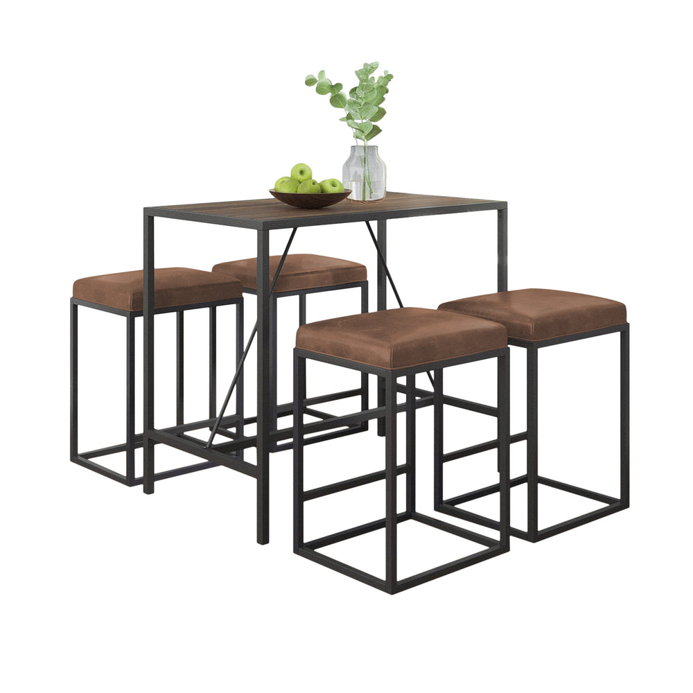 Homeroots Modern Geo Brown And Walnut Five Piece Bar Set  Metal Powder,Coated ,Faux,Leather ,Mdf Wood 400724