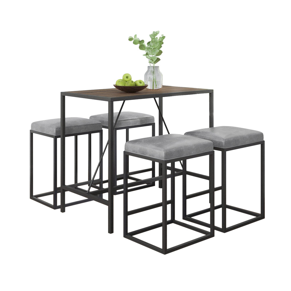 Homeroots Modern Geo Grey And Walnut Five Piece Bar Set  Metal Powder,Coated ,Faux,Leather ,Mdf Wood 400725
