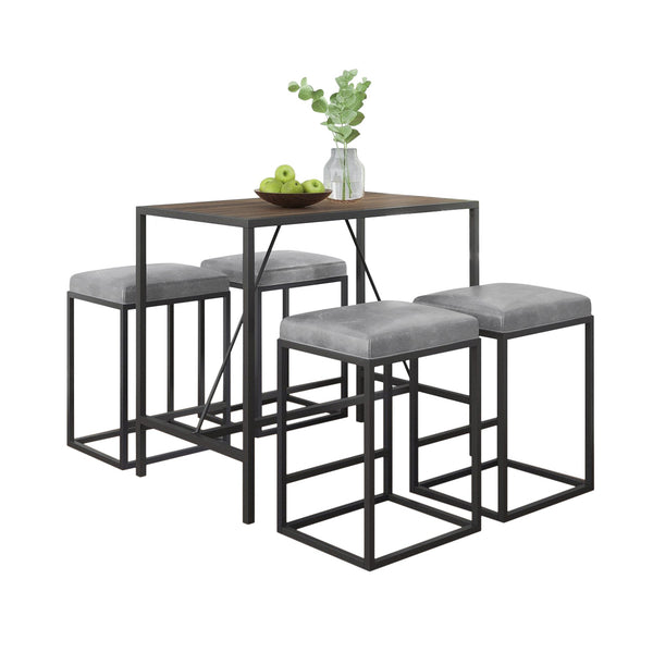 Homeroots Modern Geo Grey And Walnut Five Piece Bar Set  Metal Powder,Coated ,Faux,Leather ,Mdf Wood 400725