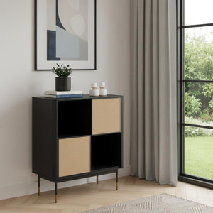 HomeRoots Black Wood and Wicker Accent Cabinet - Modern Rustic Storage with Gold Accents for Any Room Decor 400726