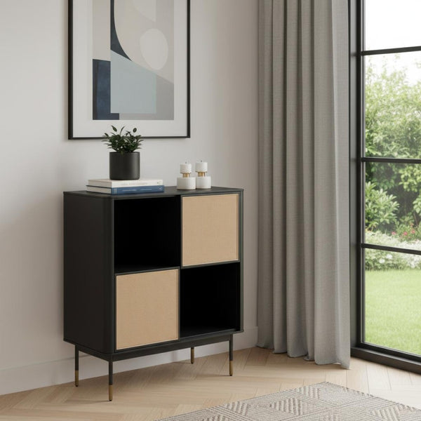 HomeRoots Black Wood and Wicker Accent Cabinet - Modern Rustic Storage with Gold Accents for Any Room Decor 400726