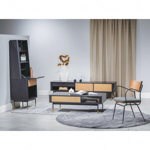 Homeroots Black Wood And Wicker Media Stand  Solid Wood 400736