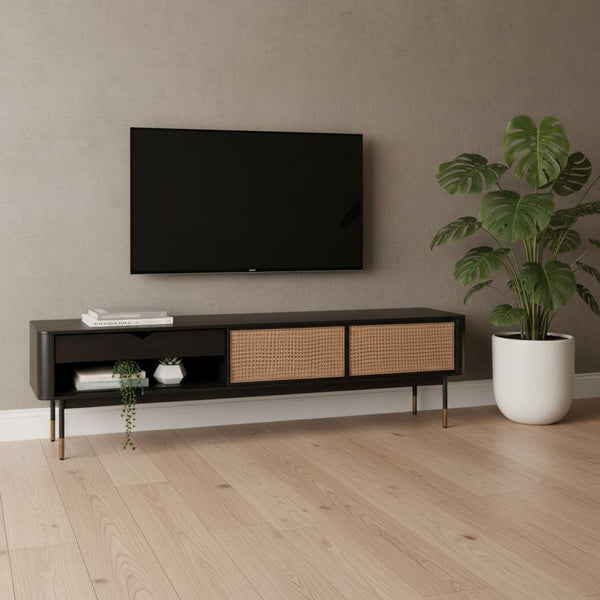 HomeRoots Black Wood and Wicker Media Stand - Stylish Storage for TVs Up to 78", Modern Design & Versatile Use 400736