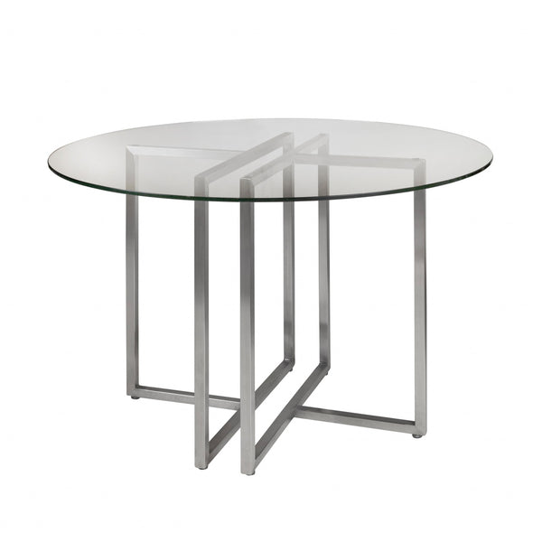 Homeroots 42" Clear And Silver Rounded Glass And Metal Trestle Base Dining Table   400750