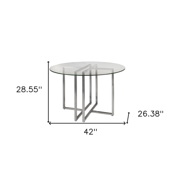 Homeroots 42" Clear And Silver Rounded Glass And Metal Trestle Base Dining Table   400750