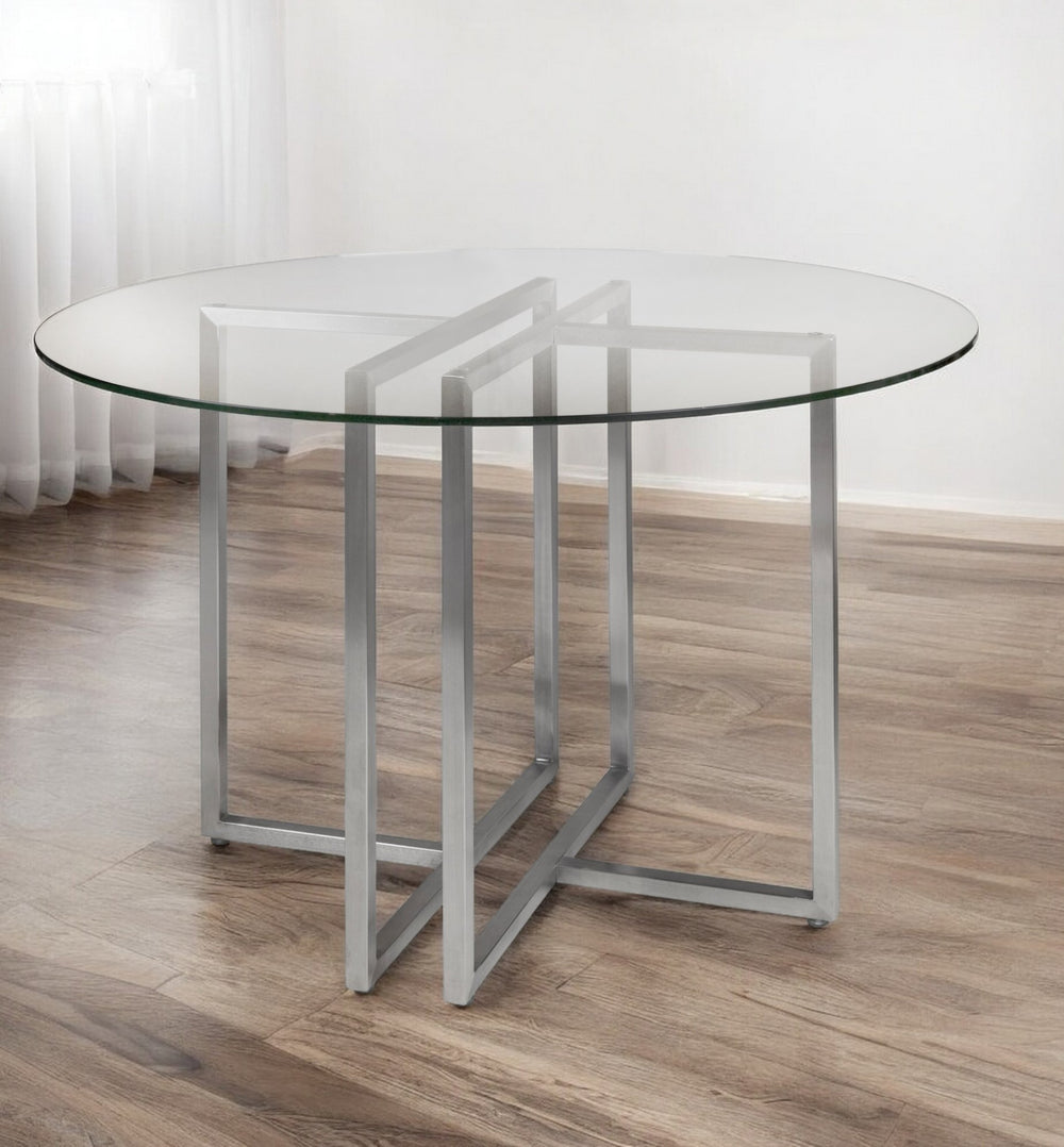 Homeroots 42" Clear And Silver Rounded Glass And Metal Trestle Base Dining Table   400750