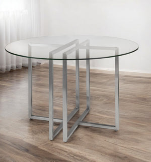 Homeroots 42" Clear And Silver Rounded Glass And Metal Trestle Base Dining Table   400750