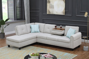 English Elm 2-Piece Alger 98" Wide Left-Hand Sofa & Chaise in Linen Blend with Tufted Backs, Nailhead Trim, Supportive Foam Cushions and Accent Pillows Light Gray B102S00092