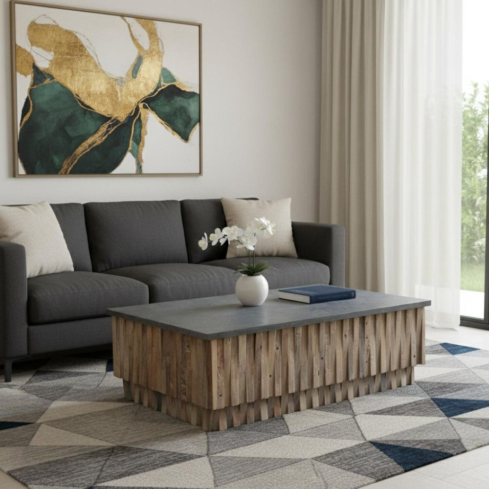 HomeRoots 52" Gray Stone & Solid Wood Block Coffee Table – Elegant, Durable Design for Modern Living Spaces! 400836